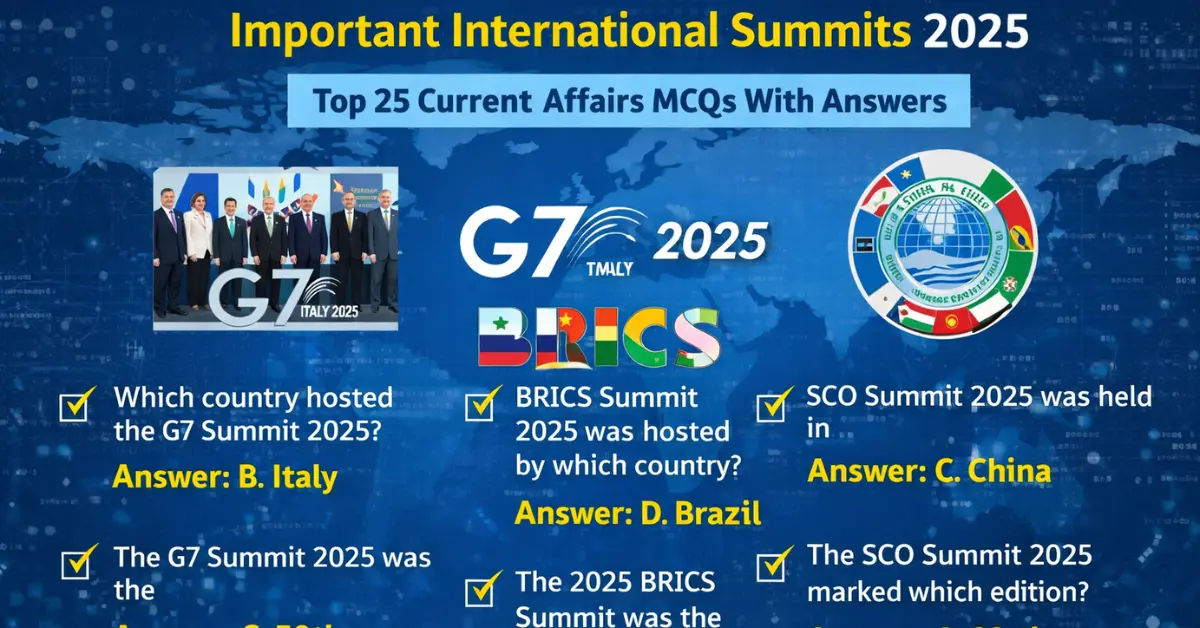 International Conferences & Summits MCQs 2025 UN, BRICS, WEF, COP